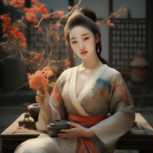 Her small, nimble fingers would carefully arrange flowers in a traditional brass vase, following the ancient principles of Korean floral arrangement, 