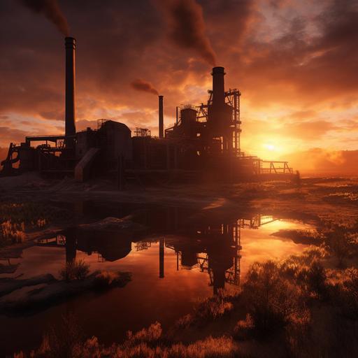 Here's yourCreate a hyper-realistic image of a massive, deserted post-industrial steel mill situated on the bank of a winding river. The sun is setting in the horizon, casting a warm golden glow across the landscape. The mill is a towering behemoth of rusted metal and decaying machinery, with smokestacks reaching towards the sky and broken windows dotting the sides of the structure. The river winds lazily past the mill, its surface reflecting the warm colors of the sunset. The scene is desolate and quiet, with no signs of life except for a few rusted cars parked outside the mill. Your task is to capture the eerie stillness and desolation of this post-industrial landscape in stunning detail, using hyper-realistic techniques to bring the scene to life on the canvas or screen.