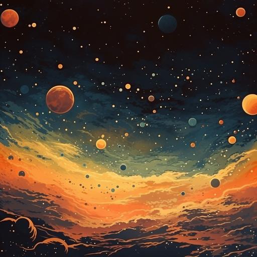 Vintage 60´s painted cartoon space background, with dark and yellow tones, only stars no planets, 4k, --ar 1:1