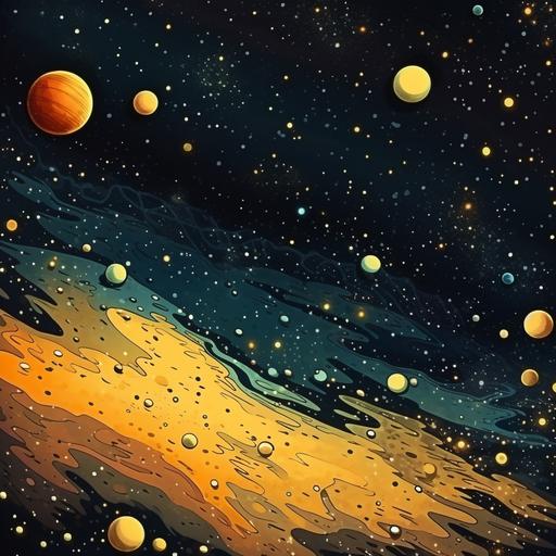 Vintage 60´s painted cartoon space background, with dark and yellow tones, only stars no planets, 4k, --ar 1:1
