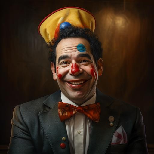 illustrate the picture of the man like a clown, with dumb face, hyper realistic