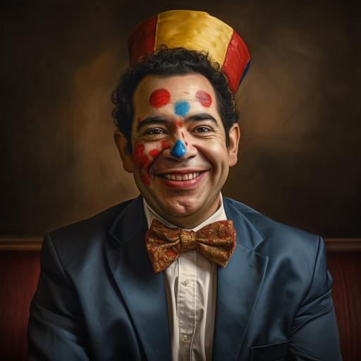 illustrate the picture of the man like a clown, with dumb face, hyper realistic