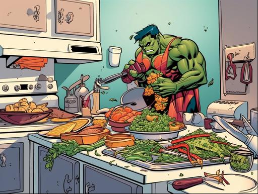 Salad Hero, Marvel Comics cartoon style, grilling meat in kitchen, --ar 4:3 --v 5 --s 250