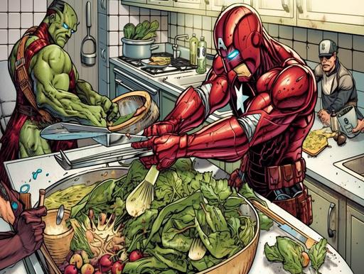 Salad Hero, Marvel Comics cartoon style, grilling meat in kitchen, --ar 4:3 --v 5 --s 250