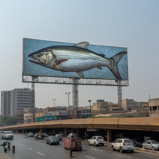 Herring fish photo in the middle of a big white billboard on a highway in Cairo, Egypt 2022, hyperrealistic