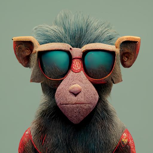 a pixar style baboon cartoon character with sunglasses, soft textures, red skin, teal background with kelp textures, octane render, 8k, low poly, --quality 2 --stylize 2000