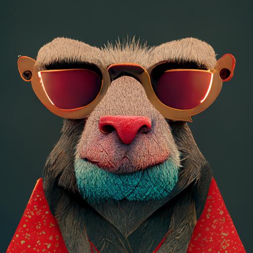 prompt: a pixar style baboon cartoon character with sunglasses, soft textures, red skin, teal background with kelp textures, octane render, 8k, low poly, --quality 2 --stylize 2000