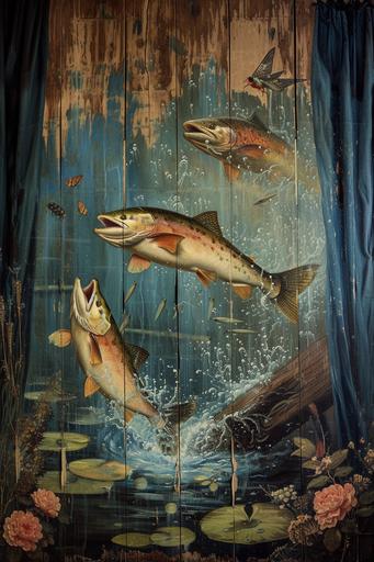 Hieronymus Bosch late style image of chinook salmons jumping out of water to catch a dragonfly, water splash, wet, reeds, nenuphar, Renaissance style painting, Hieronymus Bosch, old wood wall, dark blue curtain --v 6.0 --ar 2:3
