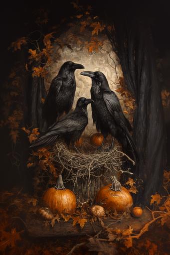 Hieronymus Bosch style image of a raven family sitting on a nest on an old branch surrounded by dried fruits and pumpkins, small animals bones, Renaissance style painting, Hieronymus Bosch, old wood wall, dark black curtain --v 6.0 --ar 2:3