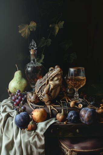 Hieronymus Bosch style image of bull frogs on a table with cognac glasses and fruits, Renaissance style painting, Hieronymus Bosch, dark wall, --v 6.0 --ar 2:3