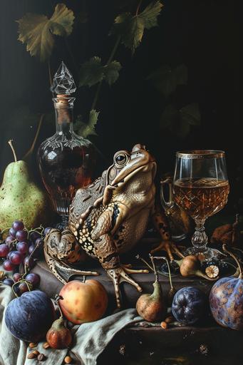 Hieronymus Bosch style image of bull frogs on a table with cognac glasses and fruits, Renaissance style painting, Hieronymus Bosch, dark wall, --v 6.0 --ar 2:3