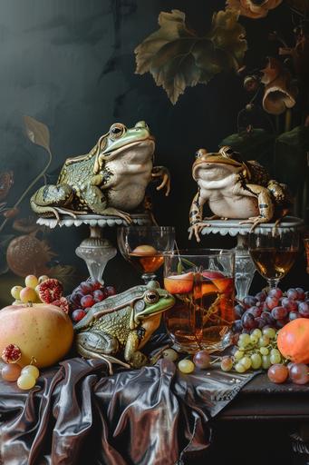 Hieronymus Bosch style image of bull frogs on a table with cognac glasses and fruits, Renaissance style painting, Hieronymus Bosch, dark wall, --v 6.0 --ar 2:3