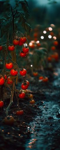 High - quality photo, extreme close - up of red root tomatoes fairy lights flowers in dark swamp landscape, dot matrix --ar 2:5 --v 5 --s 250