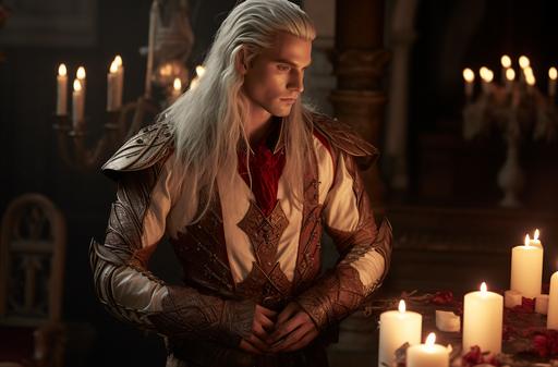 High Elf Male in a medieval house with candles, in the style of dragon art, light beige and crimson, leather/hide, patterned surfaces cinematic stills, joseph ducreux --ar 80:53