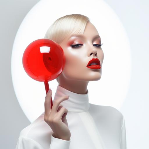 High fashion Ai, girl with red lips, licking lollipop, 50mm lens, studio lighting, white bacground, high defination, hyper realistic