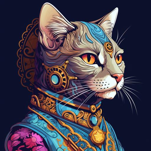 High fashion Ai, view from side, realistic cartoon style cat as Hindu Prince, 50mm lens, colorful , high defination