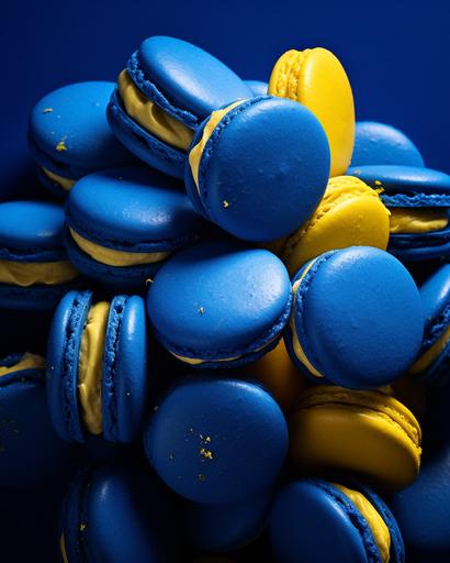 High fashion photography cobalt blue macarons with yellow filling --ar 4:5