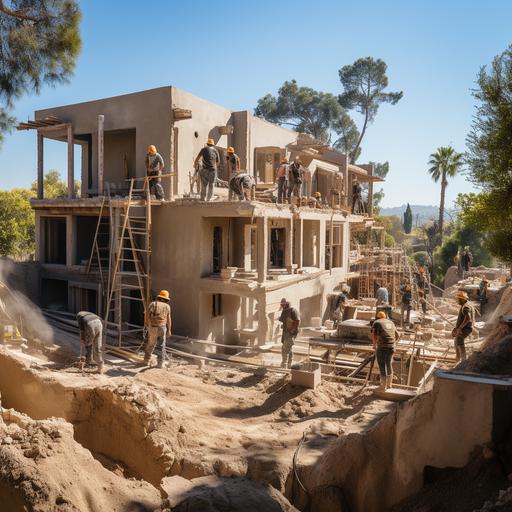 High quality photo of several workers in a cement house under construction, working as a team to raise the walls, shot from far away, zoom out x4, vibrant colors, --s 750 --style raw