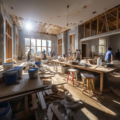 High quality photo of several workers in a house under construction, working as a team to raise the walls, shot from far away, zoom out x4, vibrant colors, --s 750 --style raw