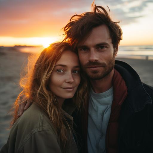 High quality photograph of two people at the beach side. Both stare into the lens of the camera. Sunset in the background. Fujifilm.