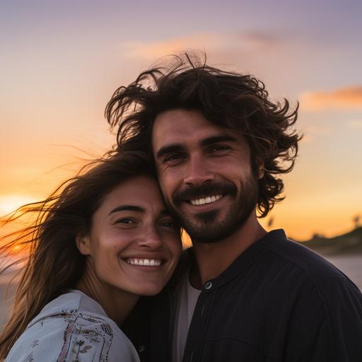 High quality photograph of two people at the beach side. Both stare into the lens of the camera. Sunset in the background. Fujifilm.
