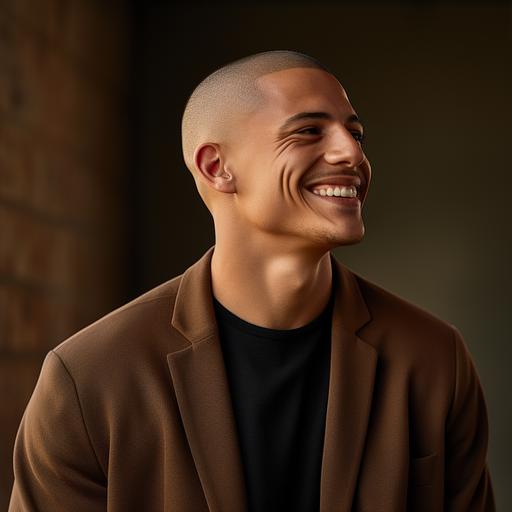 High res image of 20 year old hispanic male, buzz cut, low haircut, portrait, realistic, welcoming, soft natural light, warm lighting, realistic details, candid, crew neck sweater with tie, side profile, deep laugh, head tilted back