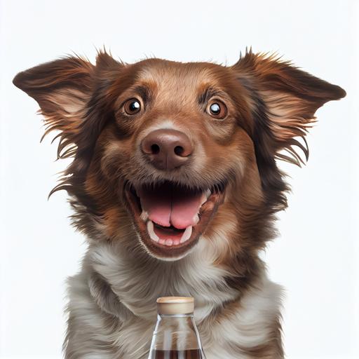 High resolution Photo of happy drunk dog, on white background, studio lighting, taken with 24 mm F11 super detailed various camera views, hyper realistic definition, 8k, --upbeta --v 4 --upbeta --v 3