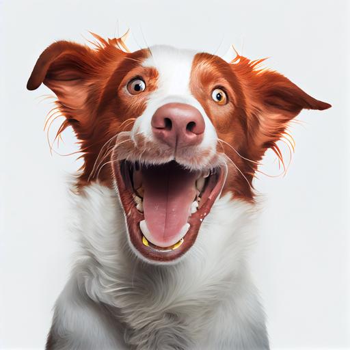 High resolution Photo of happy drunk dog, on white background, studio lighting, taken with 24 mm F11 super detailed various camera views, hyper realistic definition, 8k, --upbeta --v 4 --upbeta --v 3