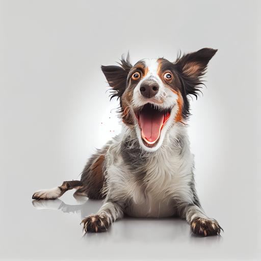 High resolution Photo of happy drunk dog, on white background, studio lighting, taken with 24 mm F11 super detailed various camera views, hyper realistic definition, 8k, --upbeta --v 4 --upbeta --v 3