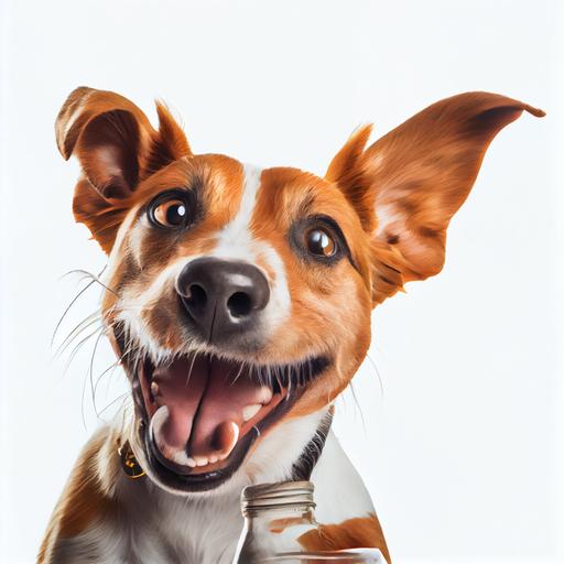 High resolution Photo of happy drunk dog, on white background, studio lighting, taken with 24 mm F11 super detailed various camera views, hyper realistic definition, 8k, --upbeta --v 4 --upbeta --v 3