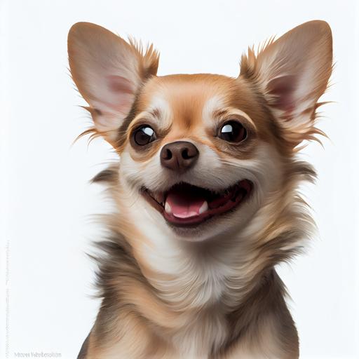 High resolution Photo of happy smiling Chihuahua, on white background, studio lighting, taken with 24 mm F11 super detailed various camera views, hyper realistic definition, 8k, --upbeta --v 4 --upbeta --v 3