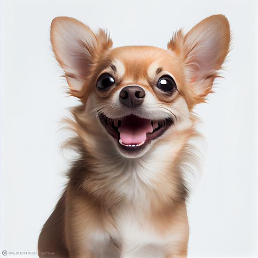 High resolution Photo of happy smiling chihuahua, on white background, studio lighting, taken with 24 mm F11 super detailed various camera views, hyper realistic definition, 8k, --upbeta --v 4 --upbeta --v 3