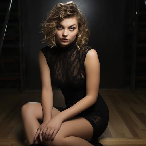 High resolution fashion photograph. 17 year old Camren Bicondova in a black tango dress, hugging her knees on the floor of a dance studio at a 3/4 angle to the camera, looking with accusation. Whole body.