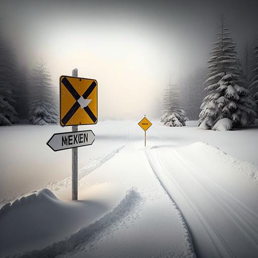 High resolution photograph taken from inside the car with a crossroad ahead with a sign for turning right. Before the crossroad there is a turn right sign, but the road on the right is blocked by extreme snow. Photorealistic scene