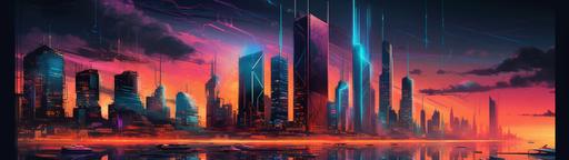 High-resolution, ultra-realistic Chicago skyline transformed into a cyberpunk metropolis, with towering skyscrapers covered in animated neon signs, augmented reality interfaces hovering in the sky, and a vibrant sunset juxtaposing the dark cityscape --ar 32:9 --s 500 --v 5 --q 2
