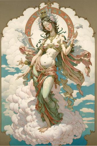 full colour beautiful thousand arm goddess guanyin Bodhisattva Avalokitesvara standing on clouds tattoo design, alphonse mucha --ar 2:3