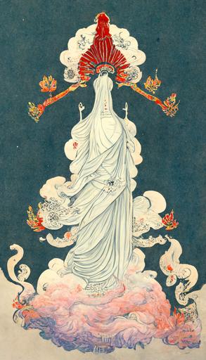 full colour guanyin Bodhisattva Avalokitesvara standing on clouds tattoo design in the style of Aubrey Beardsley --ar 9:16