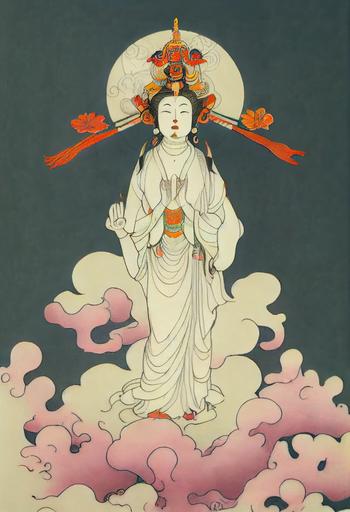 full colour guanyin Bodhisattva Avalokitesvara standing on clouds tattoo design in the style of Aubrey Beardsley --ar 9:16 --test --creative