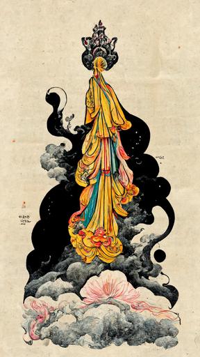 full colour guanyin Bodhisattva Avalokitesvara standing on clouds tattoo design in the style of Aubrey Beardsley --ar 9:16