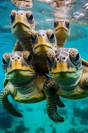 Highly defined macrophotography selfie of a group of funny turtles huddled together taking a group selfie on top of underwaters --ar 2:3 --upbeta --q 2 --s 750 --v 5.1 --style raw