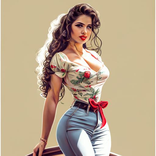 Highly detailed attractive woman, full length, , pointed expression, vintage pin-up girl art style, flirty revealing pose --v 4