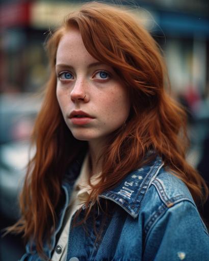 Highly detailed cinematic photographic portrait of a beautiful wild 1980s girl in her mid 20s, with beautiful blue eyes, long red hair, looks like a mix between Sadie Sink and maya hawke, red lipstick, white shirt under a denim jacket, Kodak Portra 800 film SMC Takumar 105mm f/2.8 c 50, 2018 --ar 8:10 --q 2 --v 5 --s 400 --q 2 --v 4 --v 4 --v 4