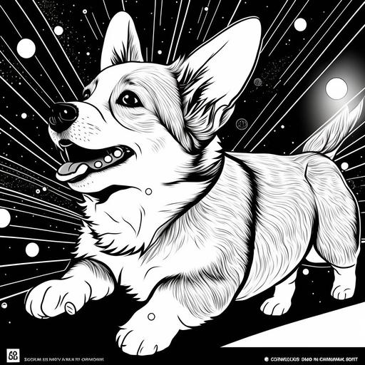 Highly detailed ultra HD resolution Modern realistic cartoon drawing, corgi dog in space, adult coloring book, clean black and white and simple art vector lines, black and white, Alphonso Dunn using rich black line art with contrasting white background, 300 dpi, High quality print