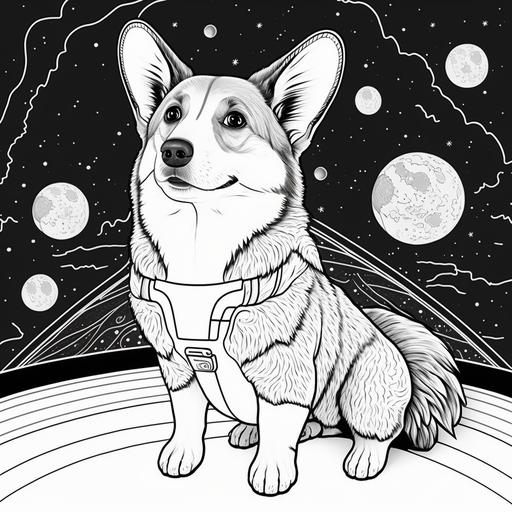 Highly detailed ultra HD resolution Modern realistic cartoon drawing, corgi dog in space, adult coloring book, clean black and white and simple art vector lines, black and white, Alphonso Dunn using rich black line art with contrasting white background, 300 dpi, High quality print