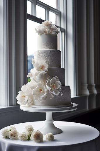 Highly detailed ultra realistic , view from top, ultra crisp still shot of 4 tiered sleek modern elegant white fondant wedding cake with white filigree design on a pure white porcelain cake stand: 30 peonies and hydrangeas buds and baby roses on the table, vwhite tablecloth, clean-lined sitting ::10 White Food photography. Plain white modern window at New York wedding venue at the Plaza Hotel with flower arrangements white sleek background, movie scene, dramatic, ultra light white, Cinematic shot   photo taken by ARRI, photo taken by sony, photo taken by canon, photo taken by nikon, photo taken by hasselblad   incredibly detailed, sharpen, details   professional lighting, macro photography lighting   100mm,   lightroom gallery   behance photography   unsplash, ISO 100 f 1/160 --ar 2:3 --v 5  --s 750