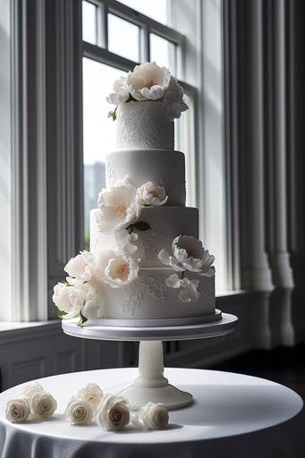 Highly detailed ultra realistic , view from top, ultra crisp still shot of 4 tiered sleek modern elegant white fondant wedding cake with white filigree design on a pure white porcelain cake stand: 30 peonies and hydrangeas buds and baby roses on the table, vwhite tablecloth, clean-lined sitting ::10 White Food photography. Plain white modern window at New York wedding venue at the Plaza Hotel with flower arrangements white sleek background, movie scene, dramatic, ultra light white, Cinematic shot   photo taken by ARRI, photo taken by sony, photo taken by canon, photo taken by nikon, photo taken by hasselblad   incredibly detailed, sharpen, details   professional lighting, macro photography lighting   100mm,   lightroom gallery   behance photography   unsplash, ISO 100 f 1/160 --ar 2:3 --v 5  --s 750