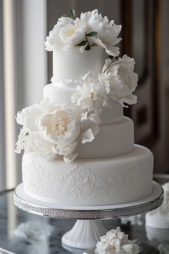 Highly detailed ultra realistic , view from top, ultra crisp still shot of 4 tiered sleek modern elegant white fondant wedding cake with white filigree design on a pure white porcelain cake stand: 30 peonies and hydrangeas buds and baby roses on the table, vwhite tablecloth, clean-lined sitting ::10 White Food photography. Plain white modern window at New York wedding venue at the Plaza Hotel with flower arrangements white sleek background, movie scene, dramatic, ultra light white, Cinematic shot   photo taken by ARRI, photo taken by sony, photo taken by canon, photo taken by nikon, photo taken by hasselblad   incredibly detailed, sharpen, details   professional lighting, macro photography lighting   100mm,   lightroom gallery   behance photography   unsplash, ISO 100 f 1/160 --ar 2:3 --v 5  --s 750