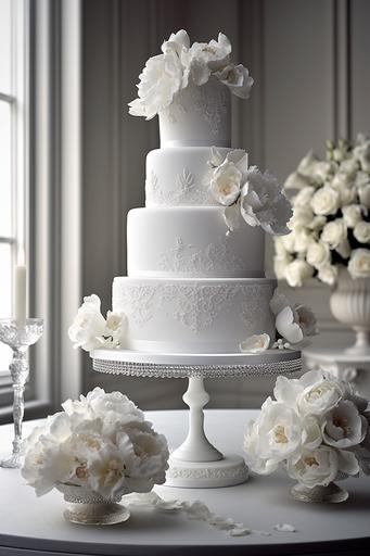 Highly detailed ultra realistic , view from top, ultra crisp still shot of 4 tiered sleek modern elegant white fondant wedding cake with white filigree design on a pure white porcelain cake stand: 30 peonies and hydrangeas buds and baby roses on the table, vwhite tablecloth, clean-lined sitting ::10 White Food photography. Plain white modern window at New York wedding venue at the Plaza Hotel with flower arrangements white sleek background, movie scene, dramatic, ultra light white, Cinematic shot   photo taken by ARRI, photo taken by sony, photo taken by canon, photo taken by nikon, photo taken by hasselblad   incredibly detailed, sharpen, details   professional lighting, macro photography lighting   100mm,   lightroom gallery   behance photography   unsplash, ISO 100 f 1/160 --ar 2:3 --v 5  --s 750