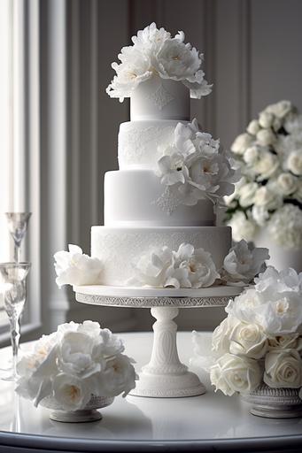 Highly detailed ultra realistic , view from top, ultra crisp still shot of 4 tiered sleek modern elegant white fondant wedding cake with white filigree design on a pure white porcelain cake stand: 30 peonies and hydrangeas buds and baby roses on the table, vwhite tablecloth, clean-lined sitting ::10 White Food photography. Plain white modern window at New York wedding venue at the Plaza Hotel with flower arrangements white sleek background, movie scene, dramatic, ultra light white, Cinematic shot   photo taken by ARRI, photo taken by sony, photo taken by canon, photo taken by nikon, photo taken by hasselblad   incredibly detailed, sharpen, details   professional lighting, macro photography lighting   100mm,   lightroom gallery   behance photography   unsplash, ISO 100 f 1/160 --ar 2:3 --v 5  --s 750