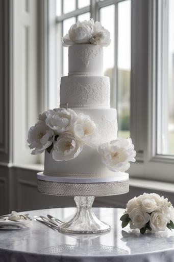 Highly detailed ultra realistic , view from top, ultra crisp still shot of 4 tiered sleek modern elegant white fondant wedding cake with white filigree design on a pure white porcelain cake stand: 30 peonies and hydrangeas buds and baby roses on the table, vwhite tablecloth, clean-lined sitting ::10 White Food photography. Plain white modern window at New York wedding venue at the Plaza Hotel with flower arrangements white sleek background, movie scene, dramatic, ultra light white, Cinematic shot   photo taken by ARRI, photo taken by sony, photo taken by canon, photo taken by nikon, photo taken by hasselblad   incredibly detailed, sharpen, details   professional lighting, macro photography lighting   100mm,   lightroom gallery   behance photography   unsplash, ISO 100 f 1/160 --ar 2:3 --v 5  --s 750